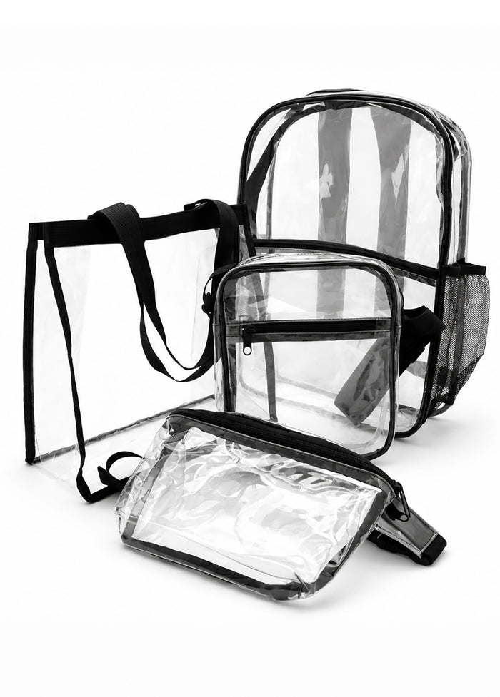 Heavy Duty Clear Stadium and School Bags - Premium Transparent PVC Backpack, Tote, Crossbody & Hip Bag